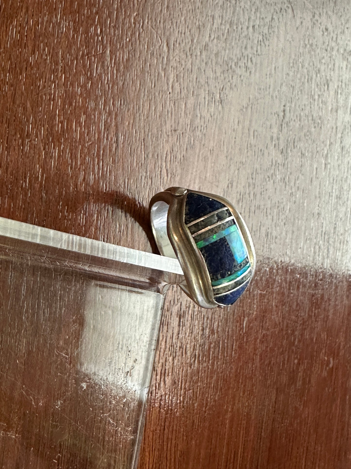 Signed Albert Francisco Sterling Silver Ring Navajo Lapis & Opal Sz 7.5