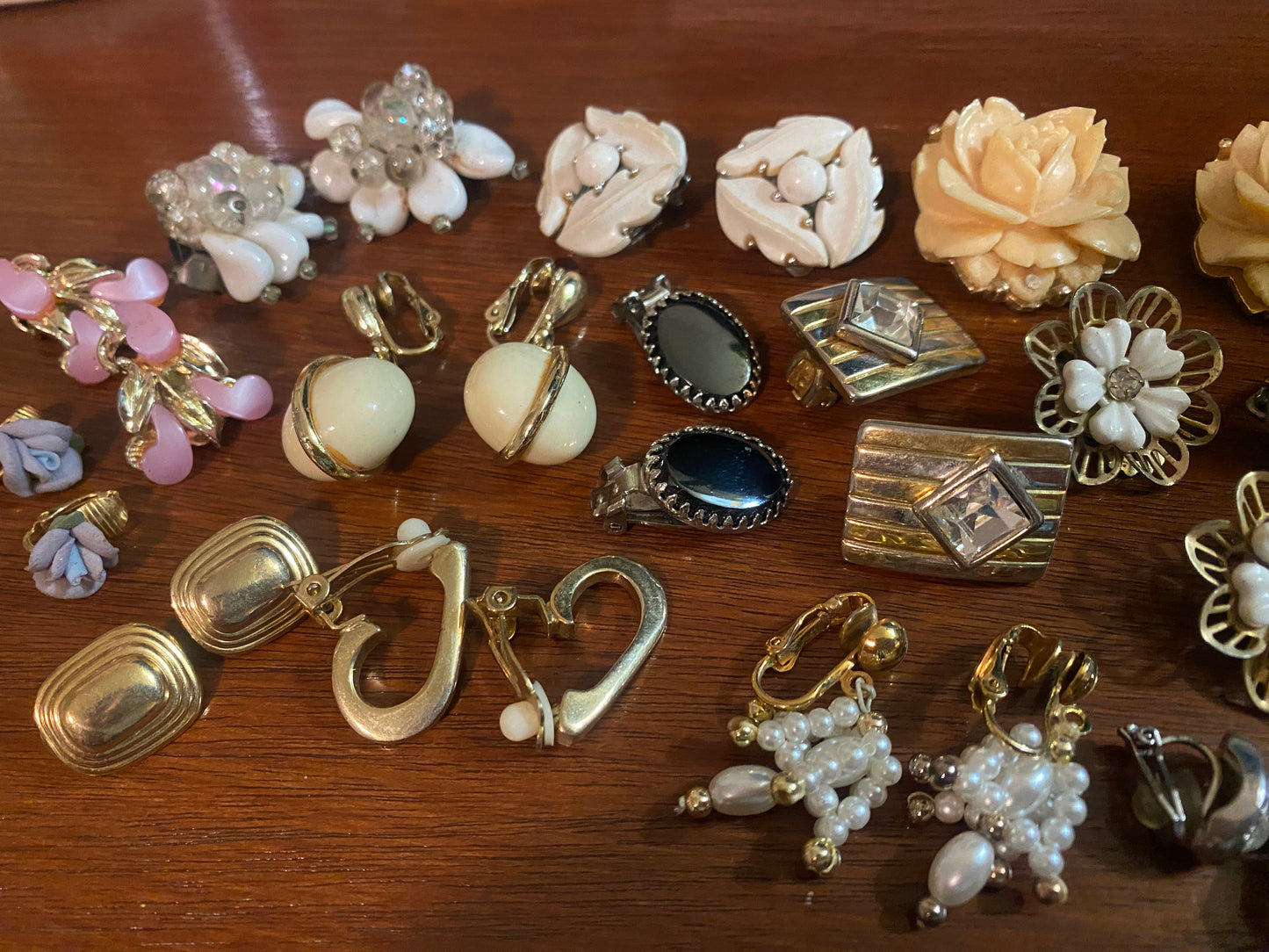 Vintage Clip on Earrings Lot Rose Pearl Porcelain Thermoset Gold Silver