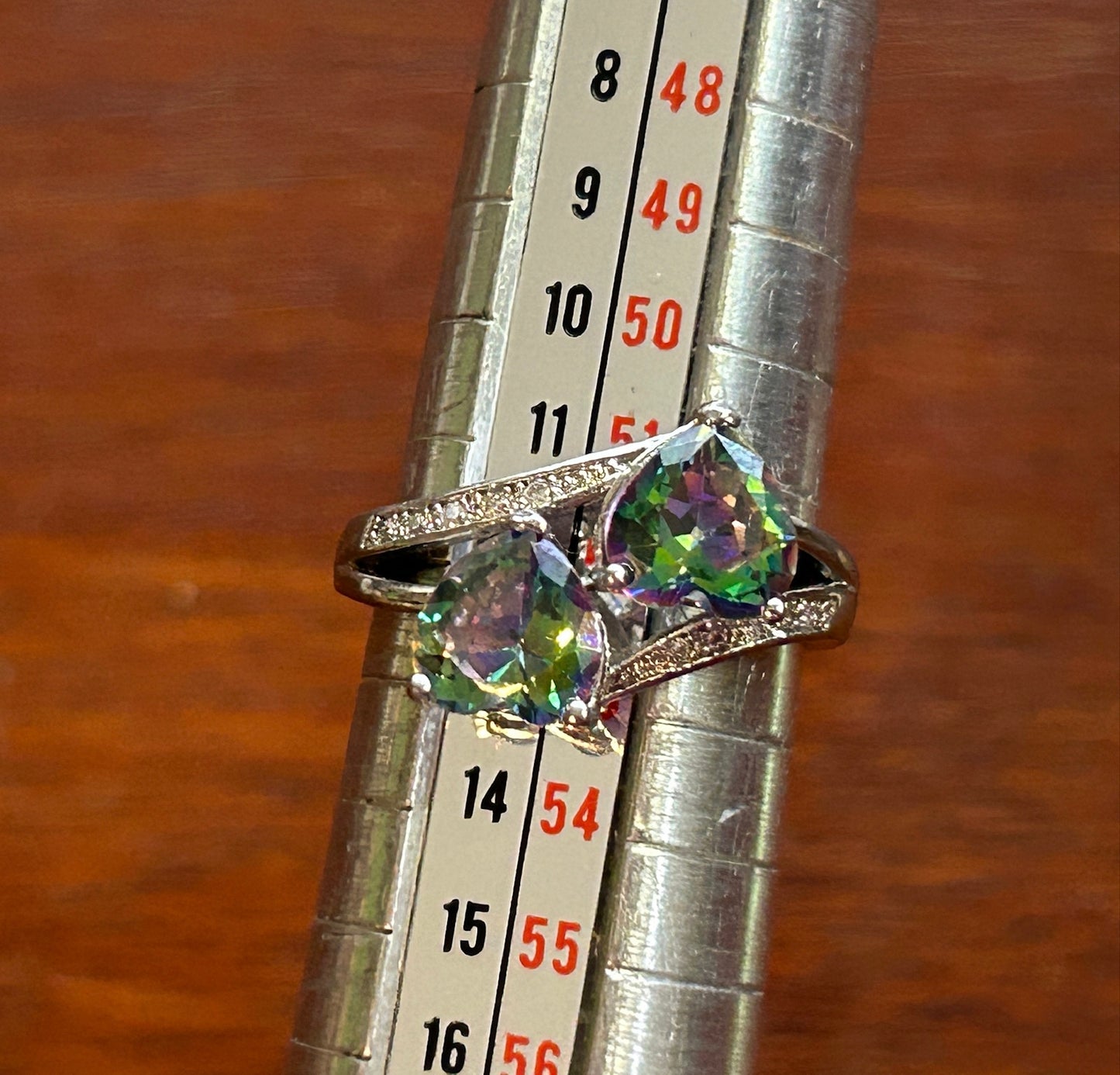 Sterling Silver 925 Mystic Topaz Heart Stone Bypass Style Ring Sz 6