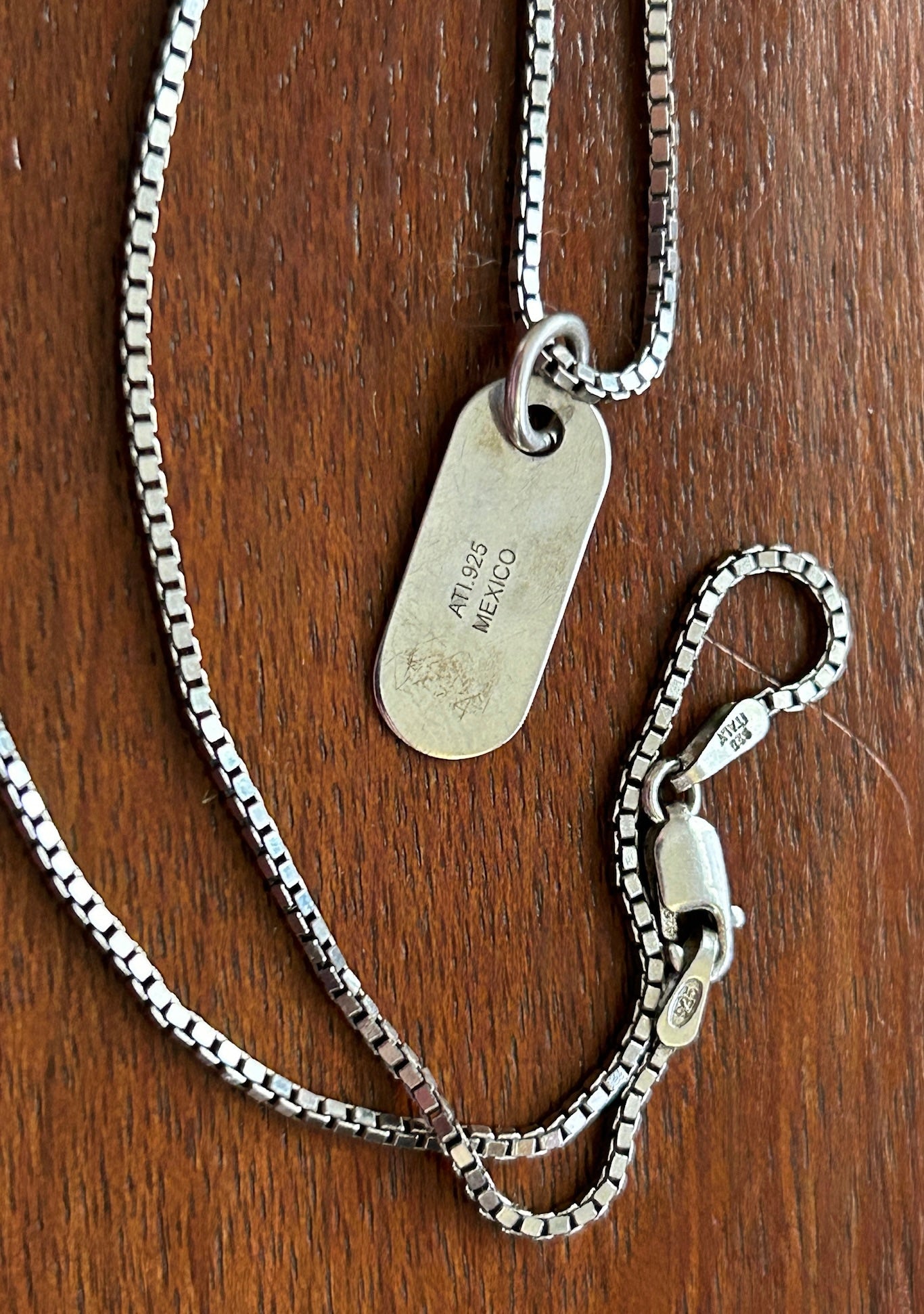 Sterling Silver 925 Box Chain Faith Dog Tag Pendant Necklace Signed ATI