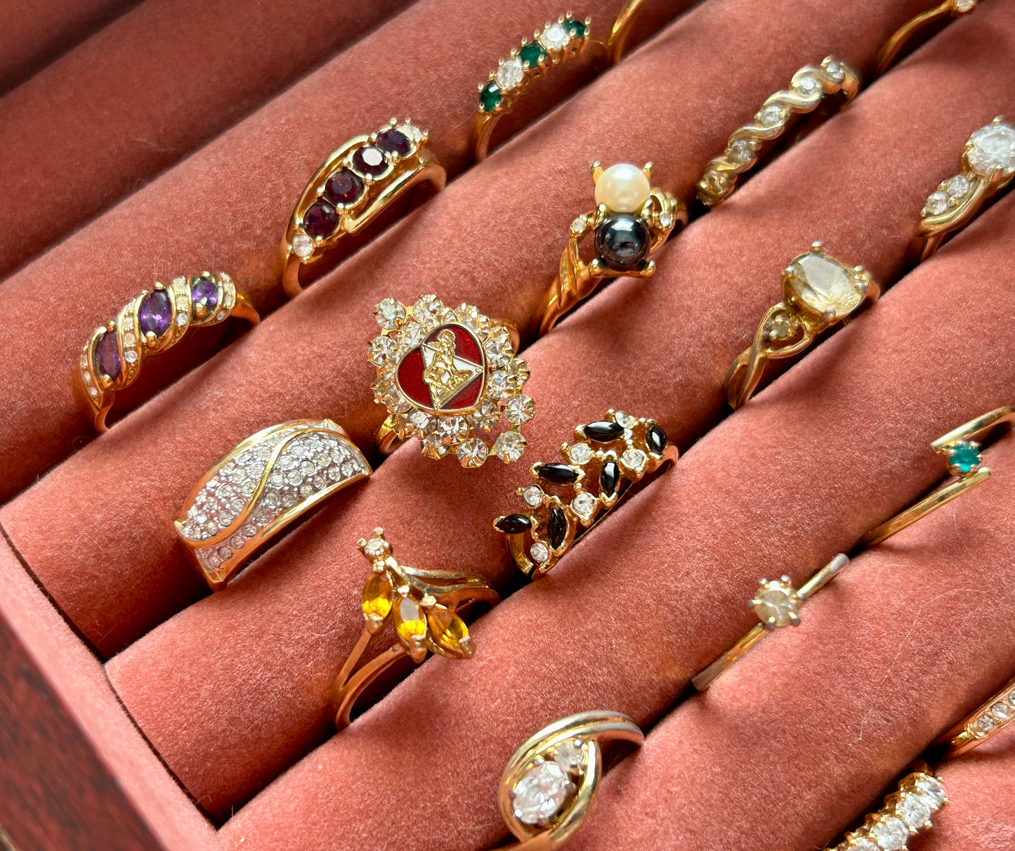 Lot of 24 Vintage to Now Gold Tone Plate Rings Rhinestone Engagement Bands Stone