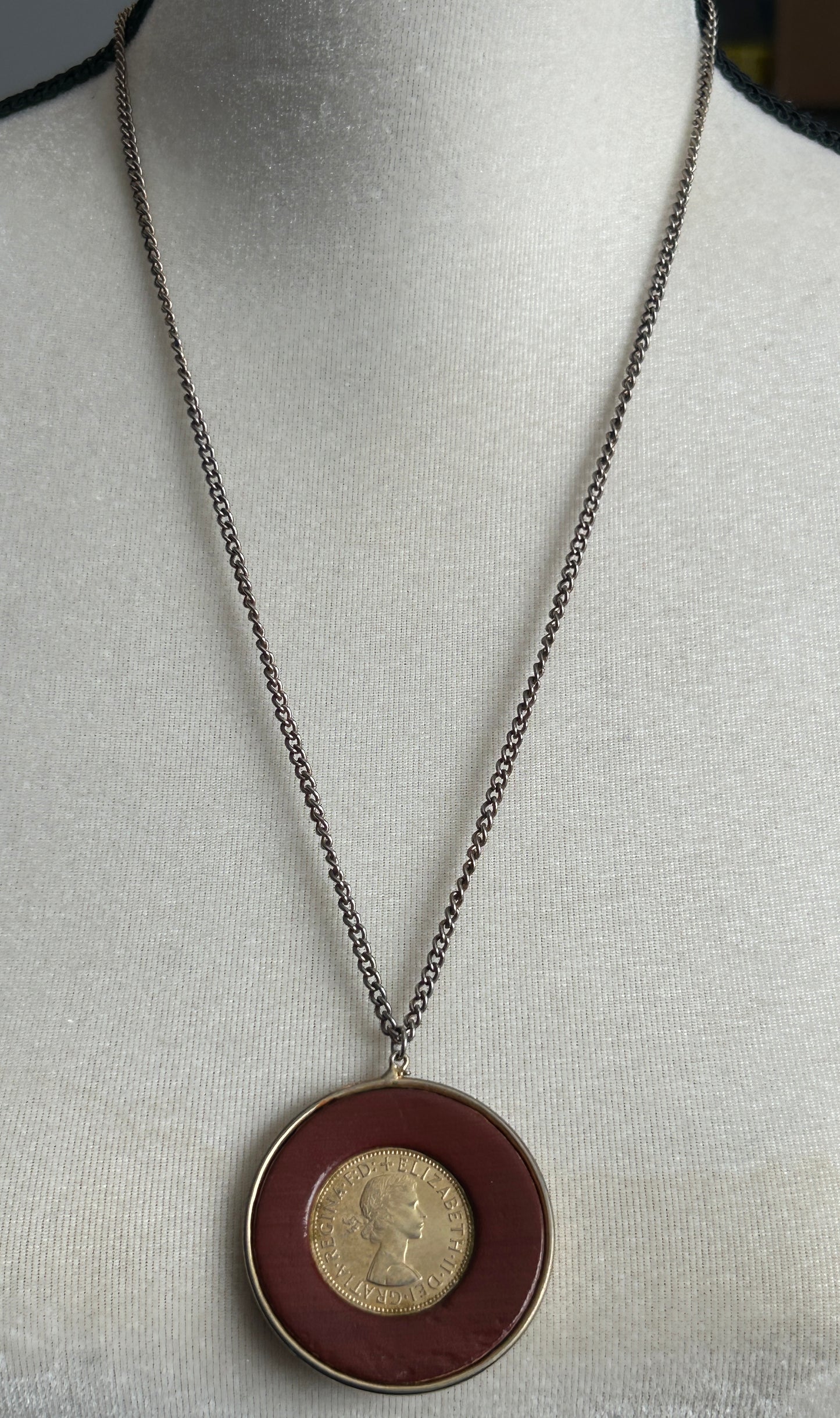Vintage Elizabeth II Regina Coin Token Pendant Necklace Faux Red Leather