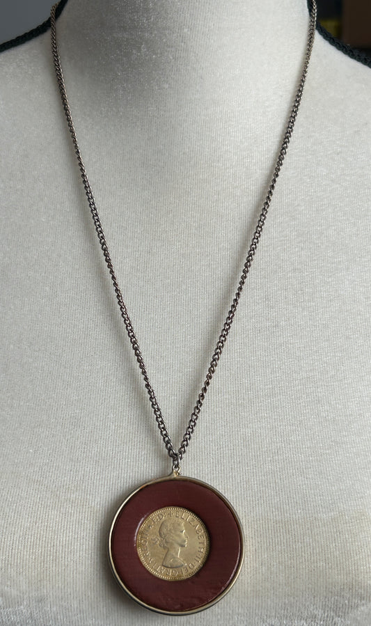 Vintage Elizabeth II Regina Coin Token Pendant Necklace Faux Red Leather