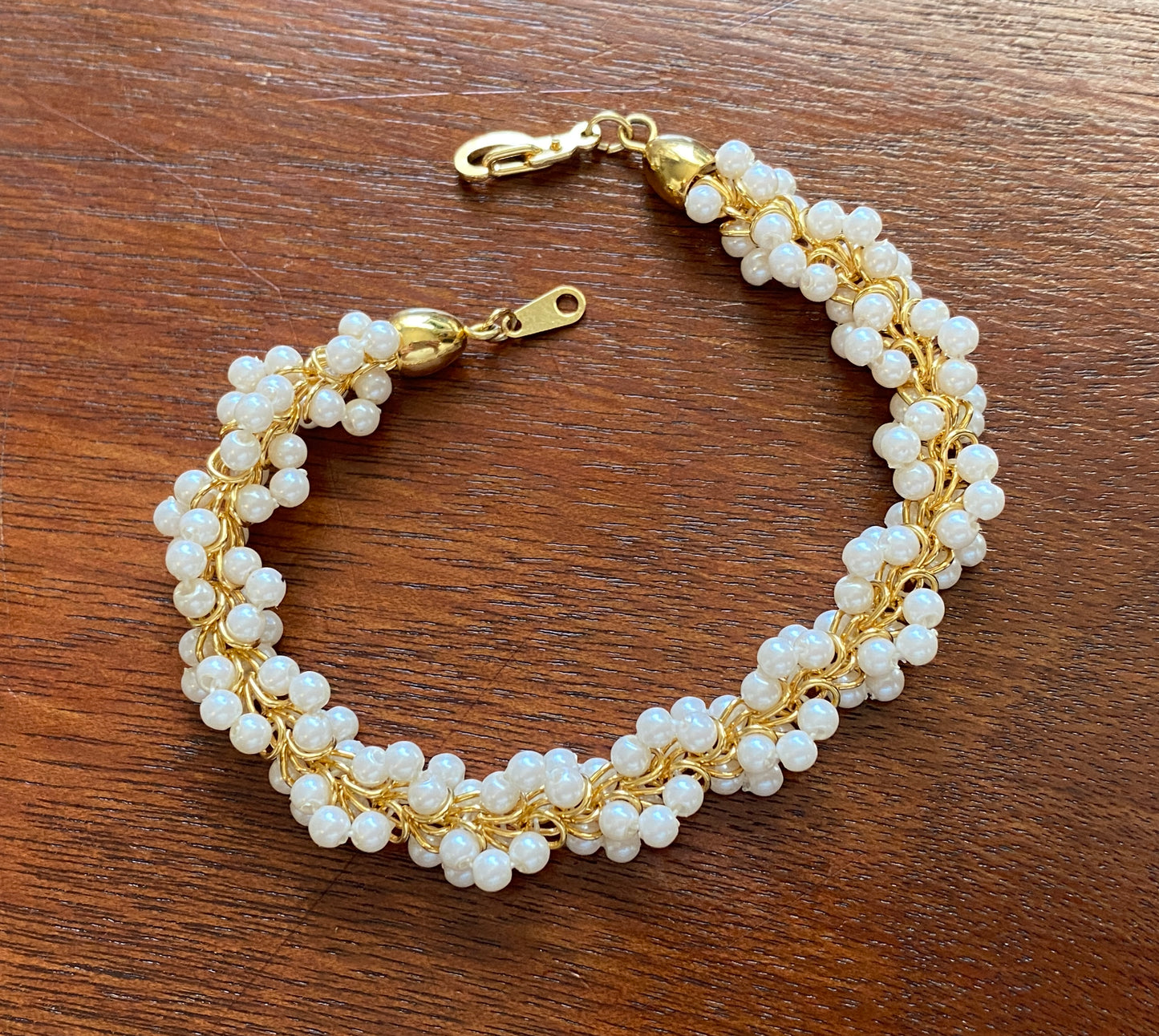 Gold Tone Faux Seed Pearl Bracelet Chain