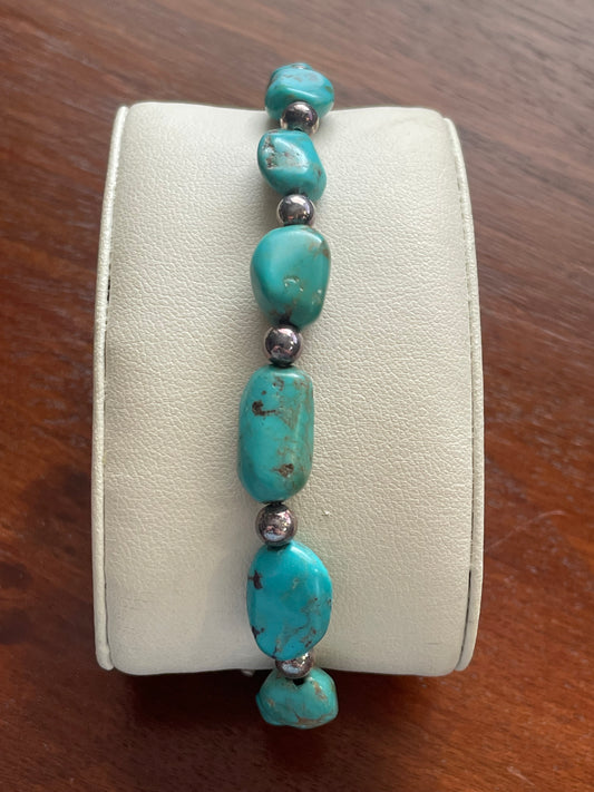 Vintage Turquoise Nugget Beads & Sterling Silver Southwest Bracelet