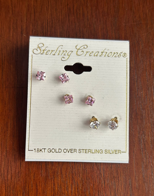 18k Yellow Gold over Sterling Silver 925 CZ Pink White Stud Earring Set