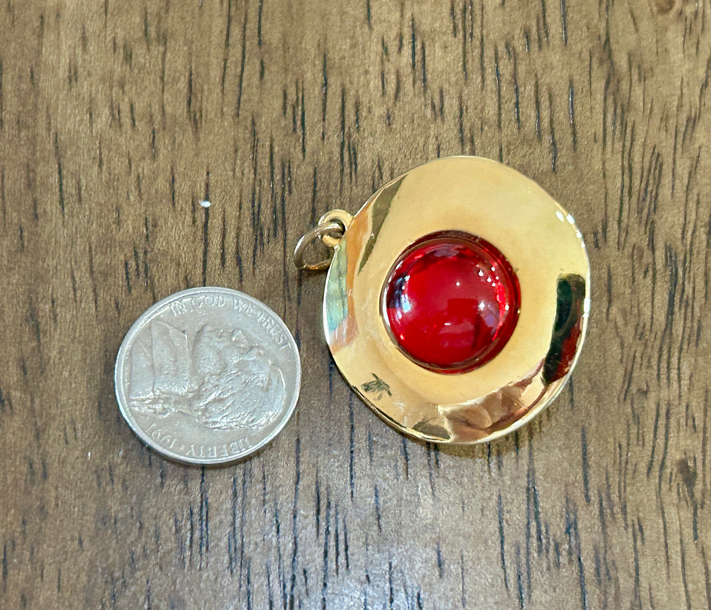 Vintage Reversible Gold Tone Modern Gripoix Red Orange Cabochon Necklace Pendant