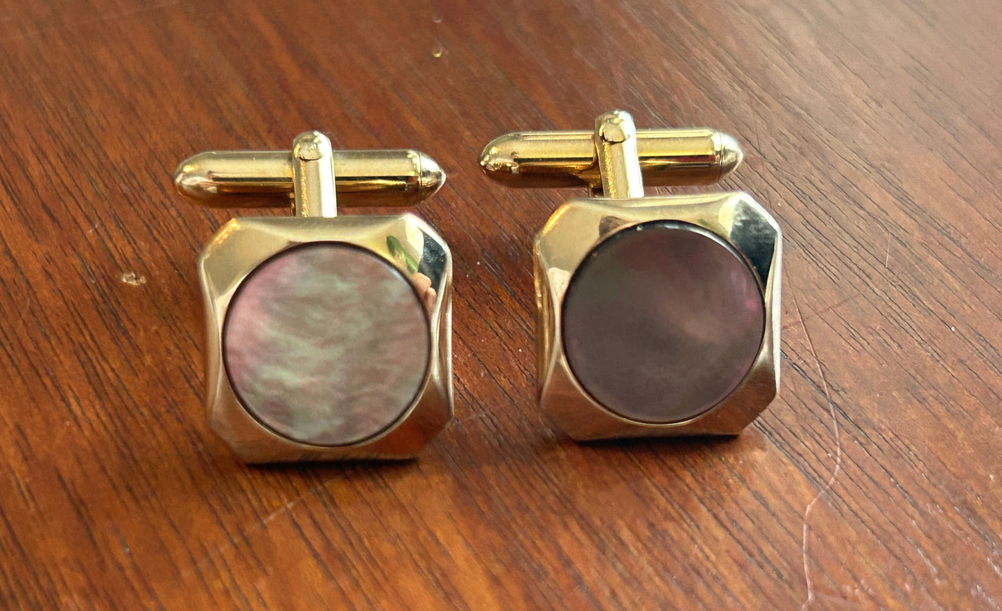 Vintage MCM Swank Gold Tone Abalone Cuff Link Shirt Stud Set