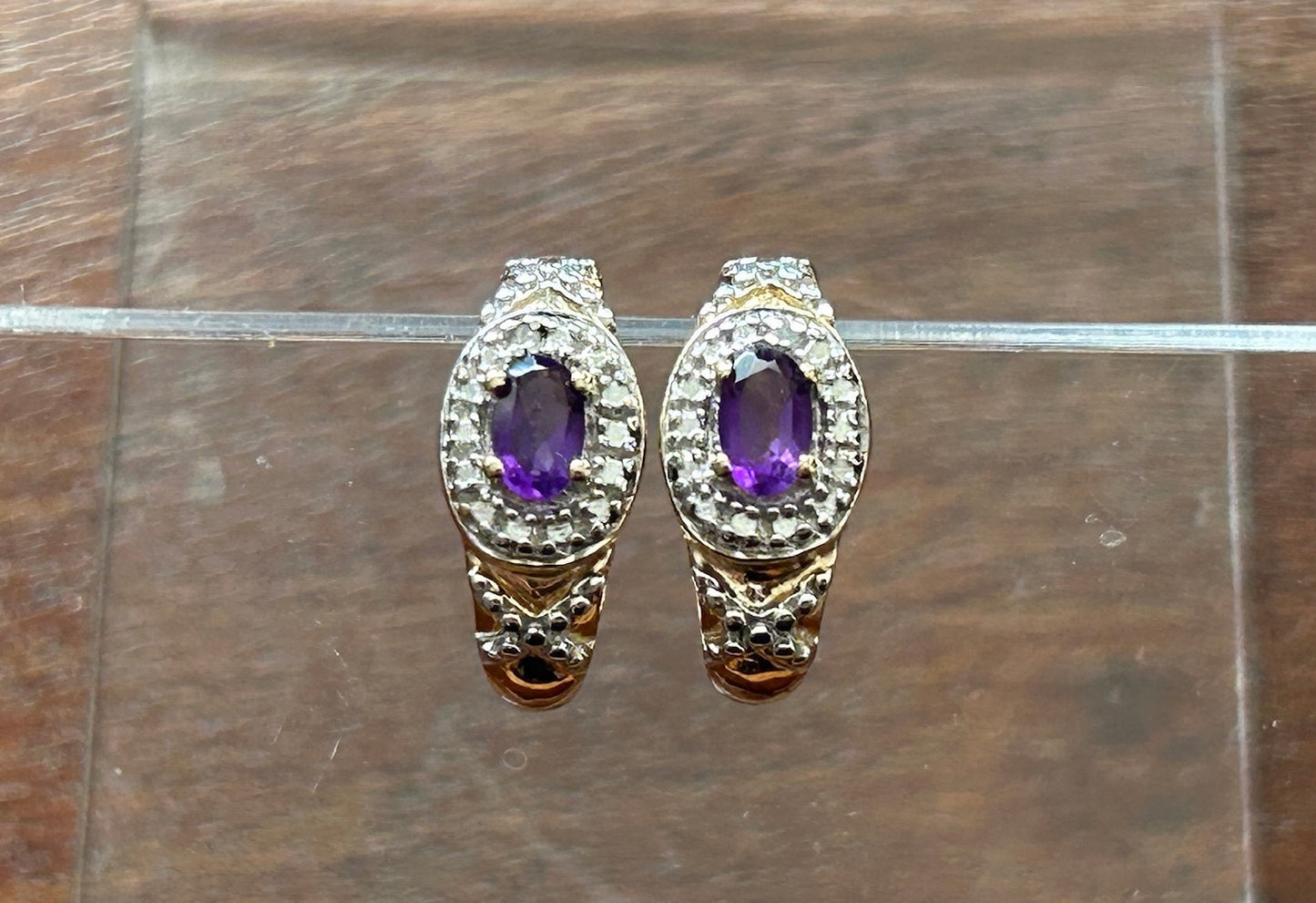 Gold Vermeil over Sterling Silver 925 Hoop Earrings Amethyst Diamond Accent