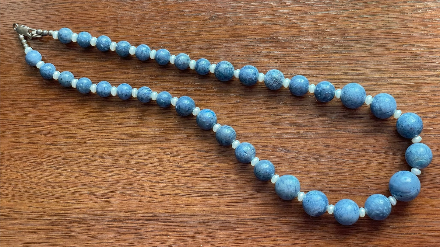 Graduating Faux Denim Turquoise Pearl Bead Sterling Silver 925 Necklace