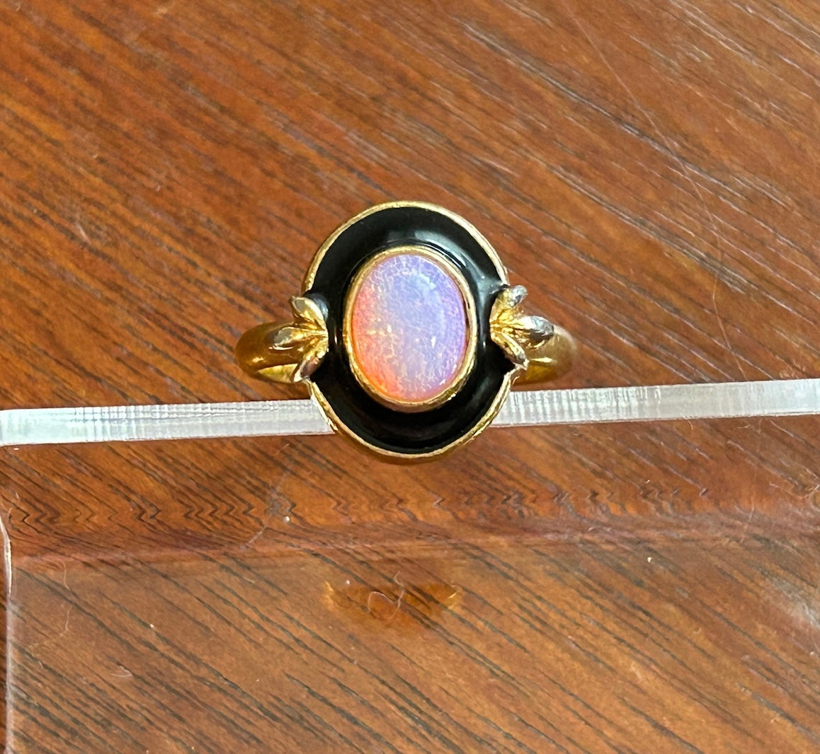 Pretty Victorian Style Faux Opal Black Enamel Ring Sz 7