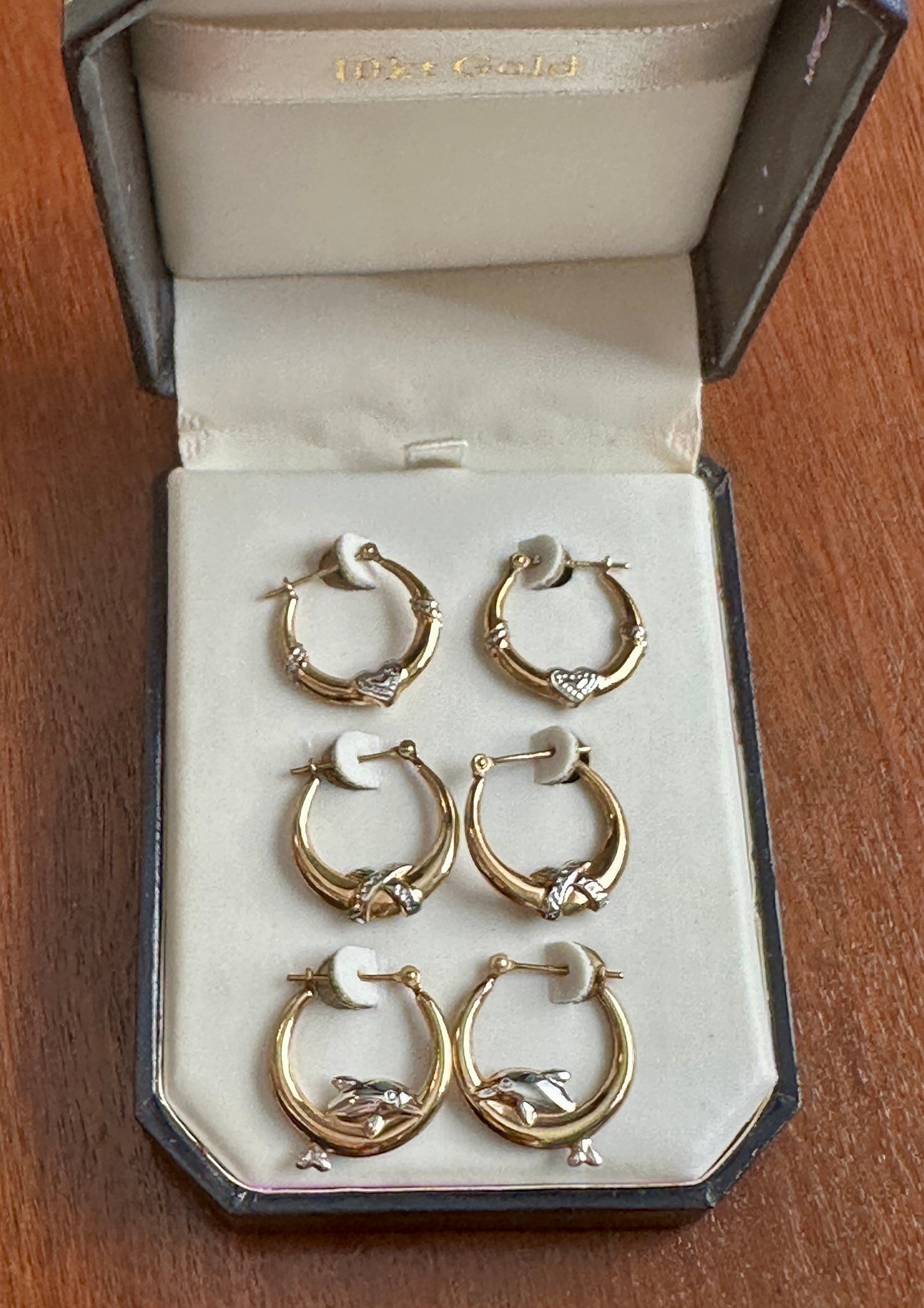 JCM 10k White Yellow Gold Cute Hoop Earring Set Heart Dolphins X Pattern in Box