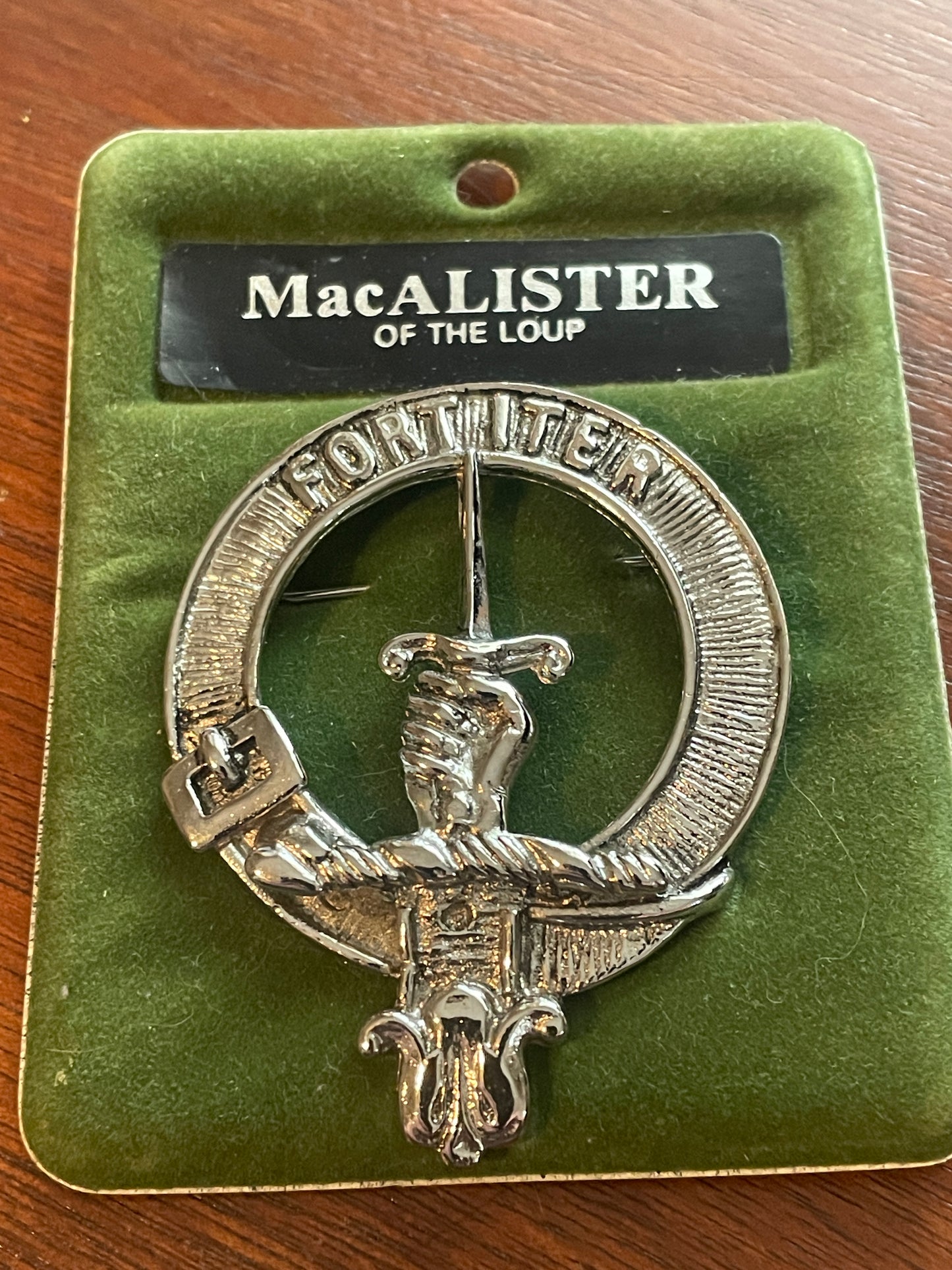 Vintage Pewter Scottish Clan Crest Badge Pin MacAlister of the Loup Brooch