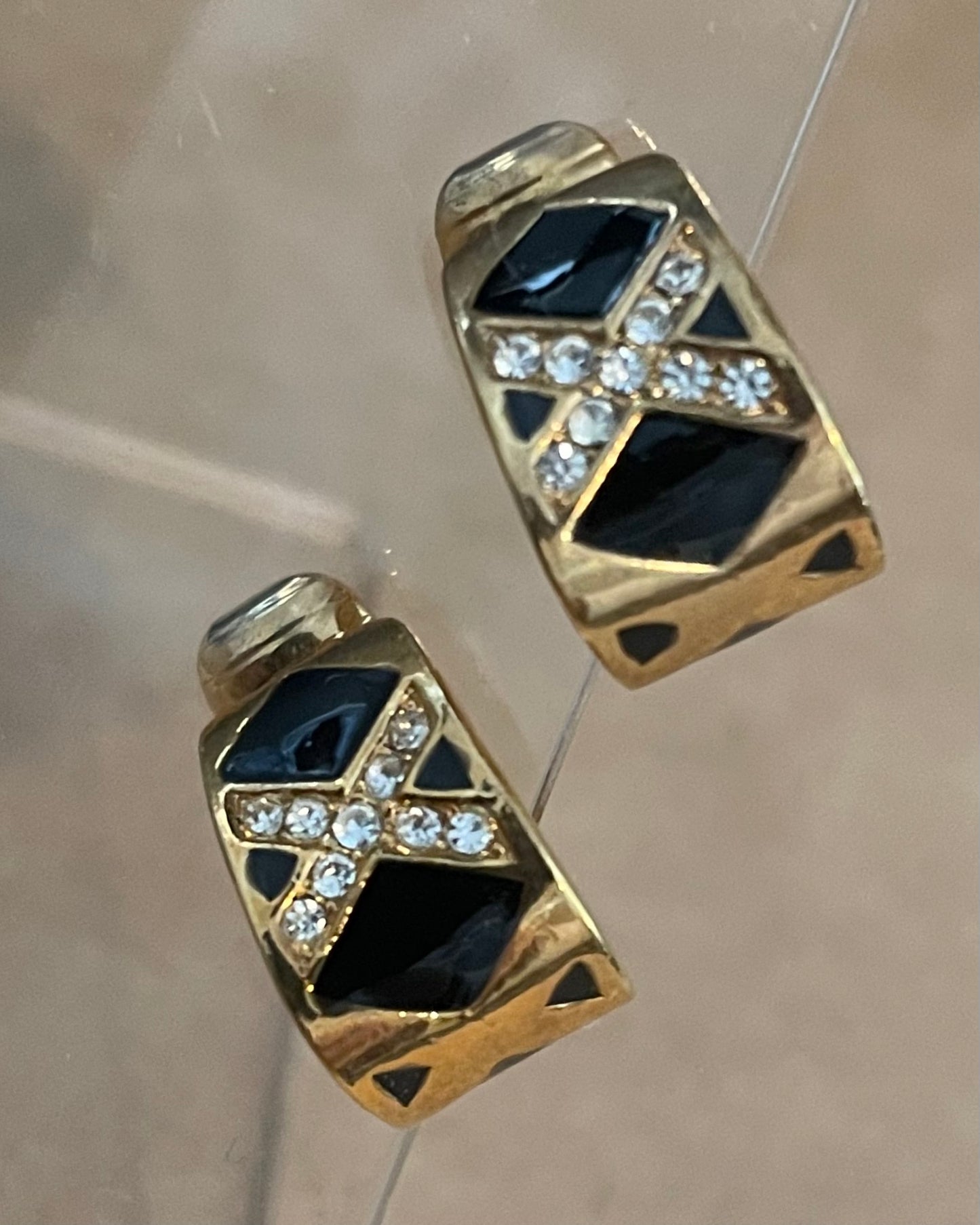 Vintage Avon Gold Tone Black Rhinestone X Clip on Earrings