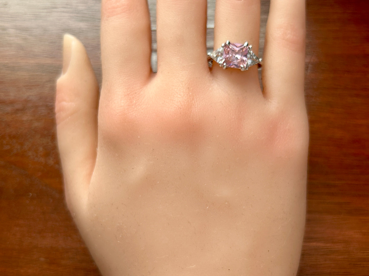 Silver Tone Princess Pink CZ Stone White Trillion Cut Cocktail Ring Sz 6.25