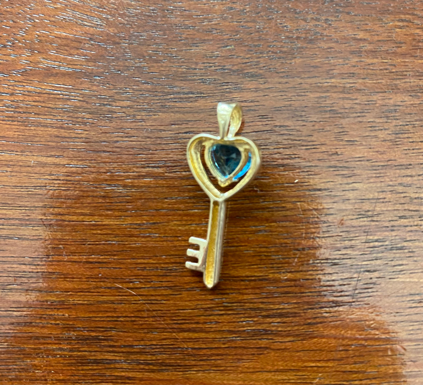 14k Yellow Gold Skeleton Key Heart Shaped Blue Topaz Charm Pendant