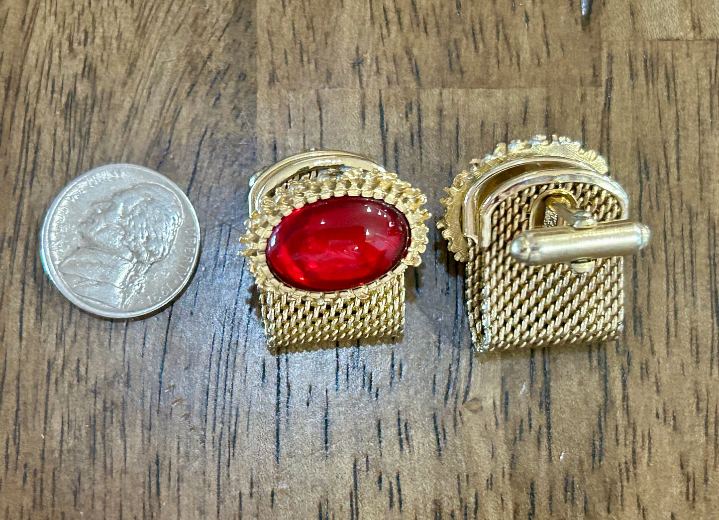 Vintage MCM Midcentury Anson Mesh Gold Tone Red Cabochon Cuff Links