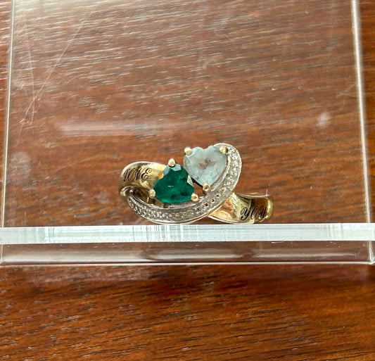 10k Yellow Gold Simulated Heart Shaped Aquamarine Emerald 'Love You' Ring Sz