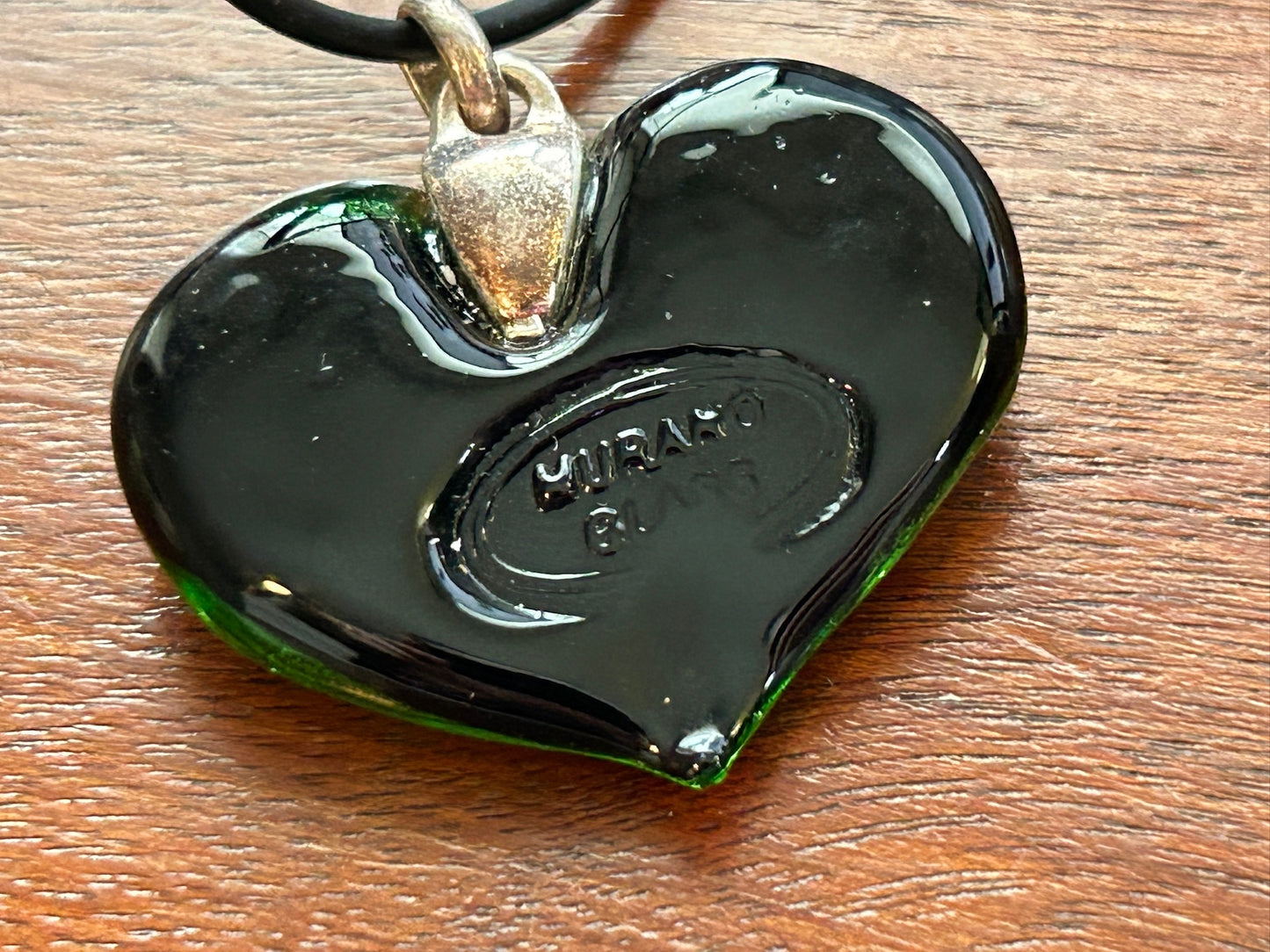 Murano Iridescent Green Black Glass Heart Pendant Necklace Cord