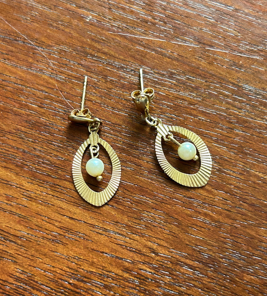 14k Yellow Gold Textured Dangly Pearl Pierced Earrings