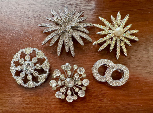 Vintage Silver Gold Tone Rhinestone Wreath Starburst Flower Brooch Lot Emmons AB