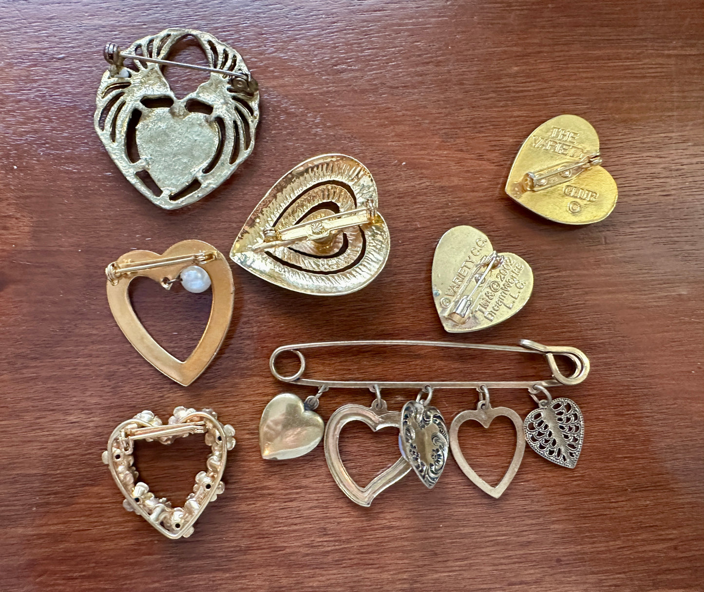 Vintage Gold Tone Heart Shaped Brooch Brooches Pin Lot Dangly Cabochon Rose More