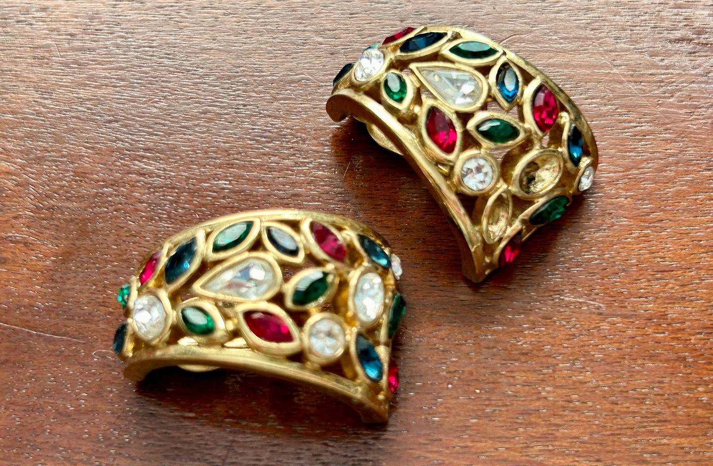 Vintage Nina Ricci Gold Jeweled Red Blue Green Rhinestone Clip On Earrings