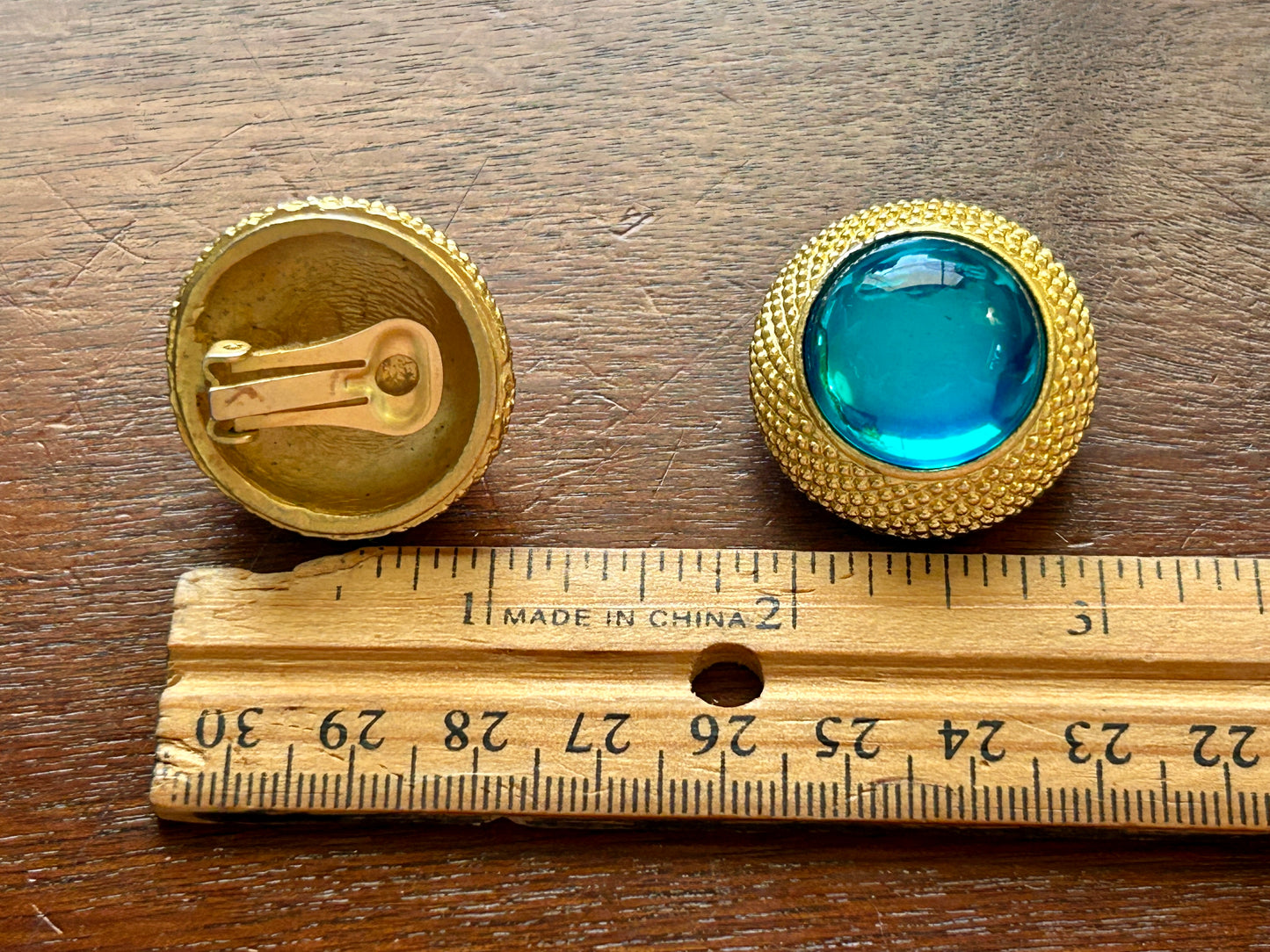 Vintage Gold Tone Gripoix Glass Aqua Blue Domed Clip on Earrings