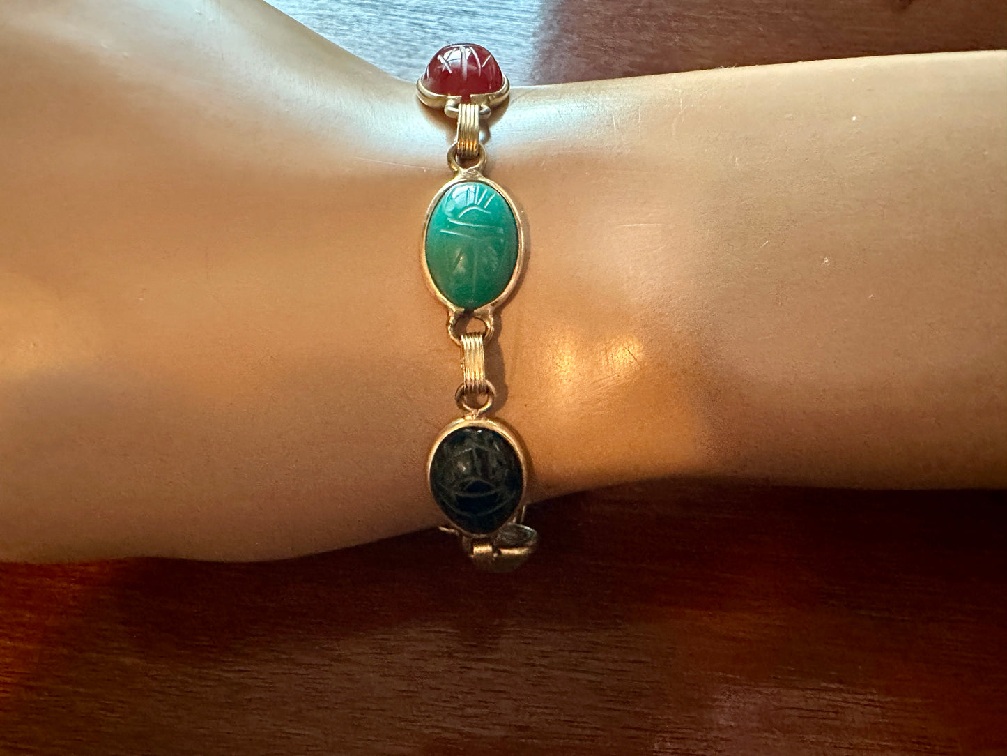 Vintage Signed Burt Cassell 12k Gold Filled Scarab Gemstone Bracelet