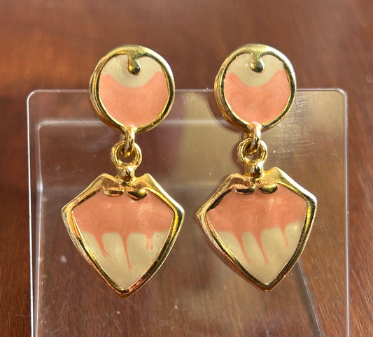 Vintage Gold Tone Enamel Pink Cream Drop Dangly Pierced Earrings