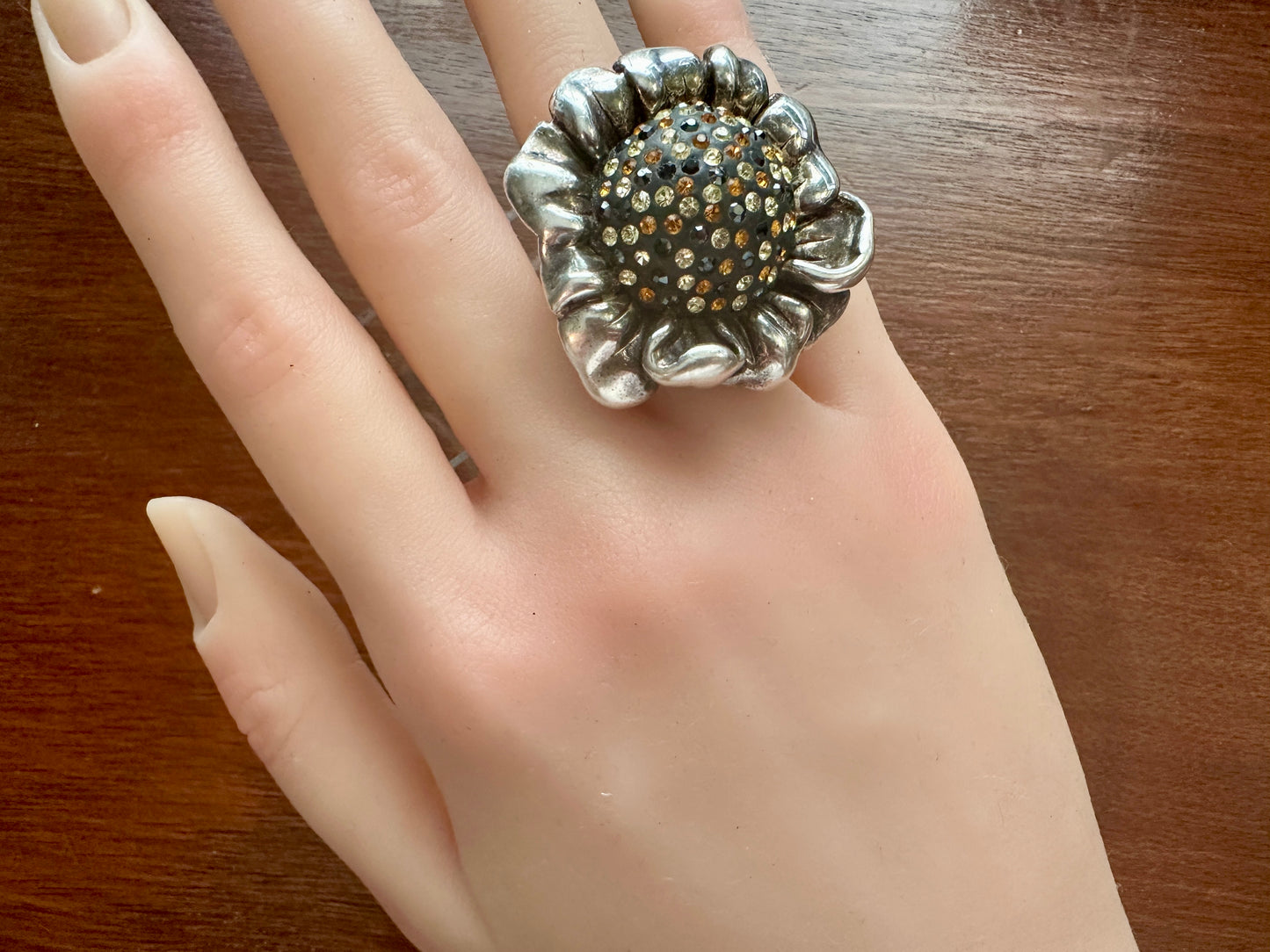 Massive Sterling Silver 925 Puffy Sunflower Rhinestone Cocktail Ring Sz 7.75