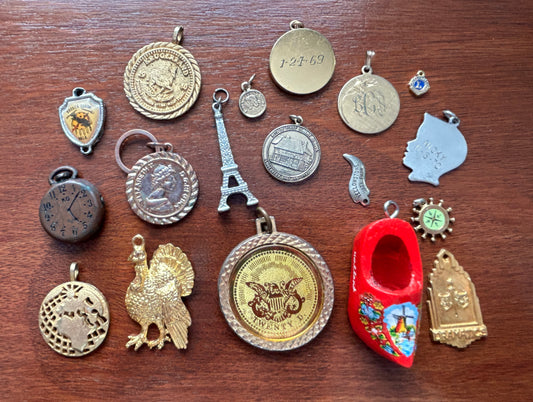 Vintage Charm Pendant Lot Travel World Souvenir Eiffel Tower Coin & More