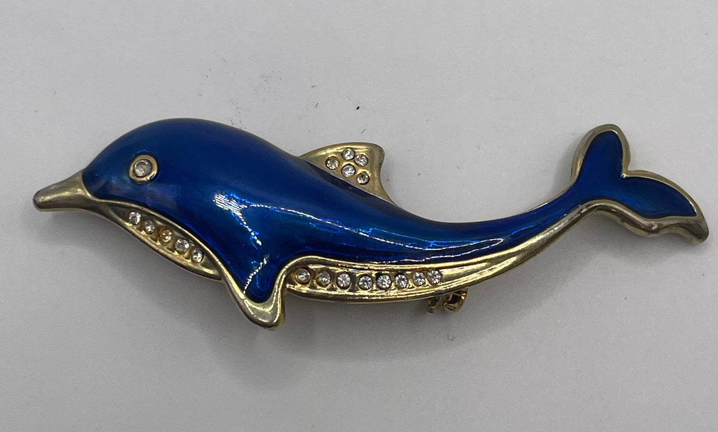 Vintage Gold Tone Rhinestone & Blue Enamel Dolphin Pin Brooch