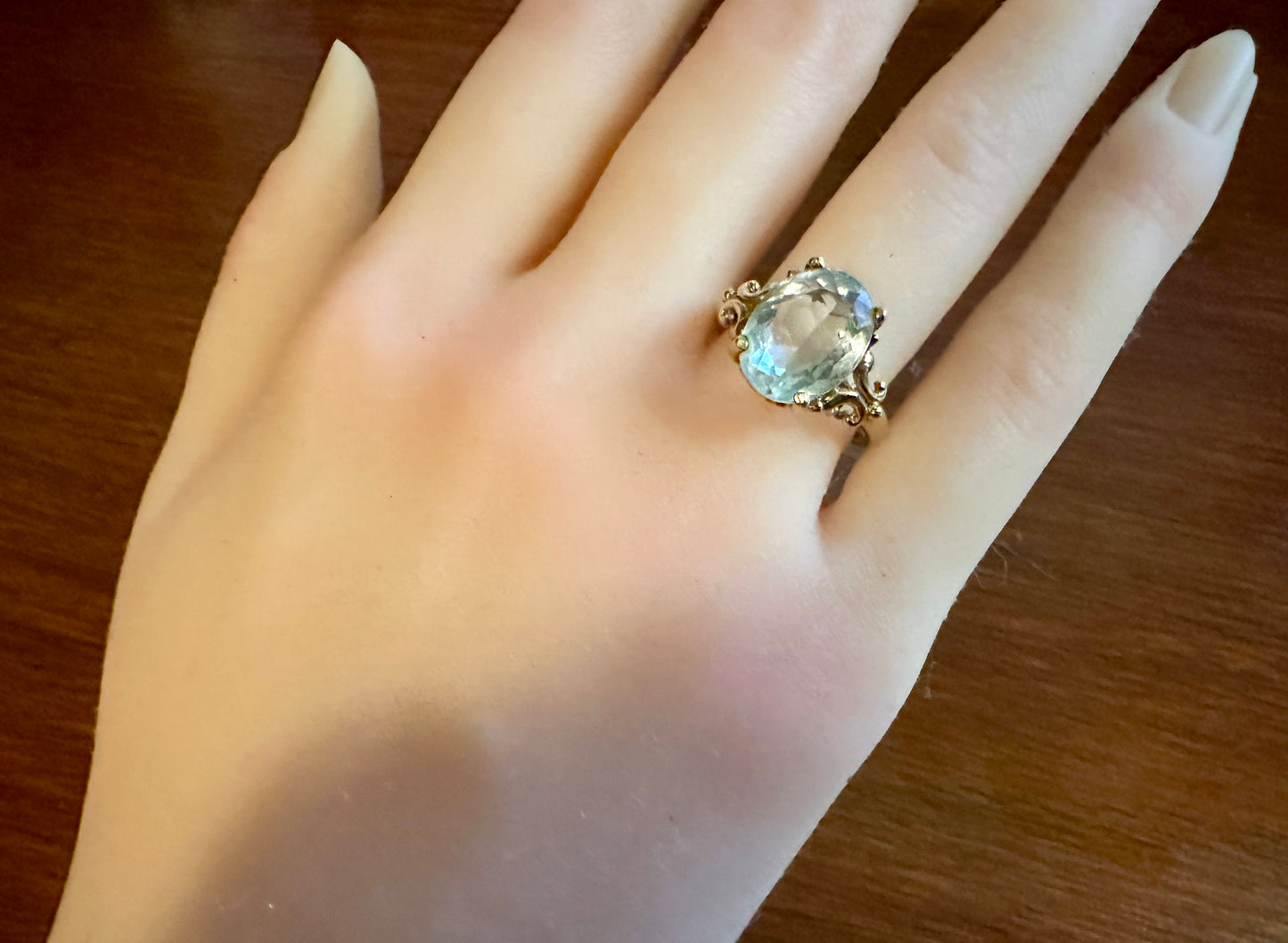 Signed JCM 10k Yellow Gold Massive Aquamarine Cocktail Ring Sz 7