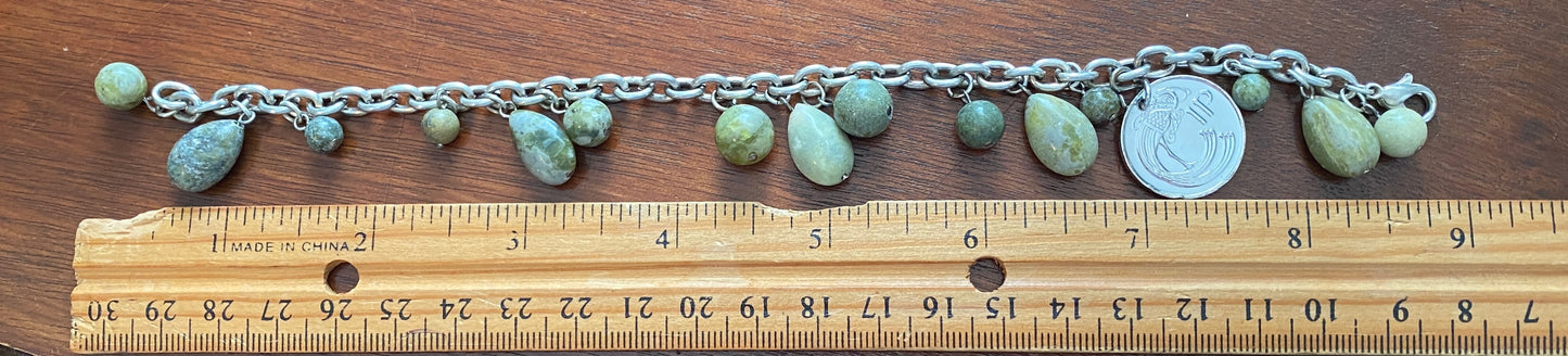 Silver Tone 1974 Eire Coin Green Marble Bead Bracelet