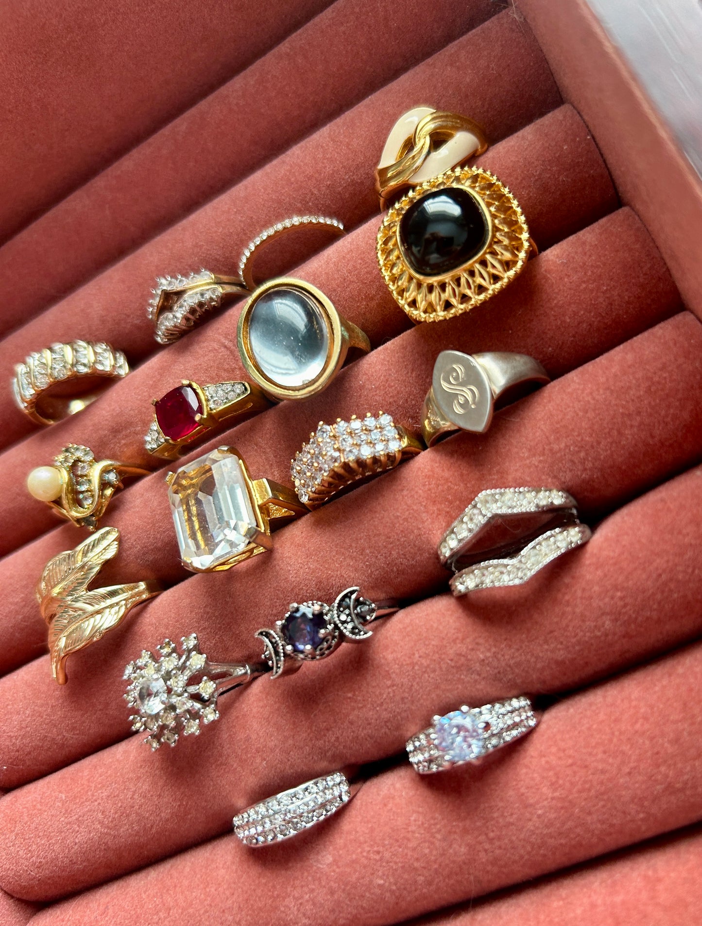 Lot of 17 Vintage to Now Costume Cocktail Rings Various Sizes Rhinestones