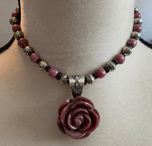 Carolyn Pollack Relios Rhodonite Carved Rose Sterling Silver Pendant Necklace