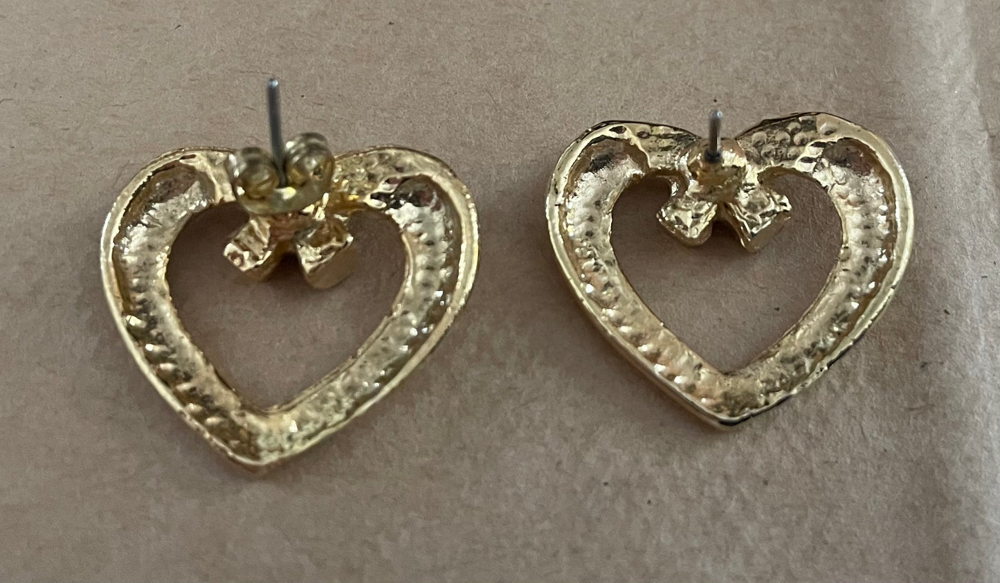 Vintage Gold Tone Rhinestone Heart Cutout Pierced Earrings