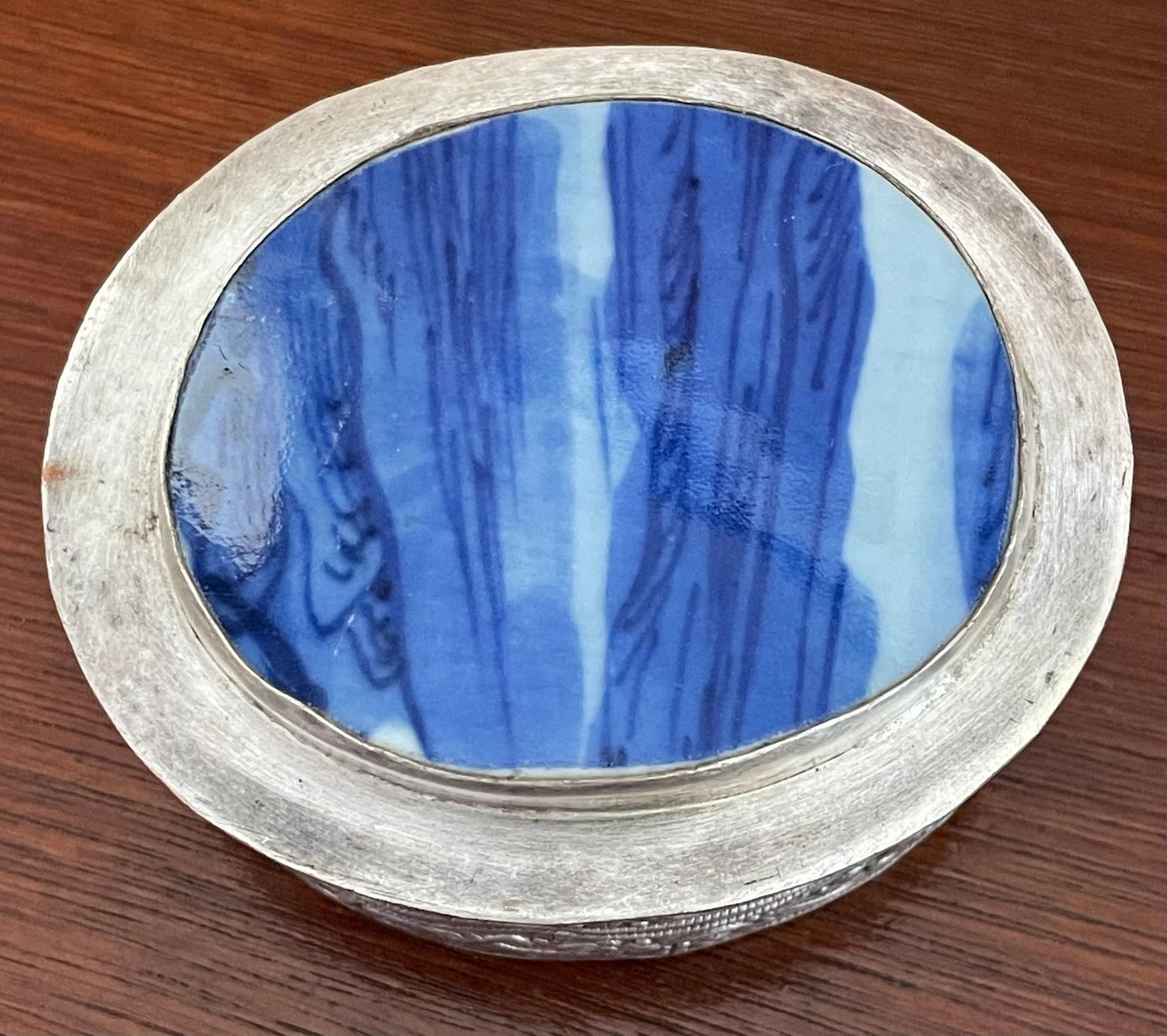 Vintage Silver Tone Blue White Porcelain Trinket Jewelry Box