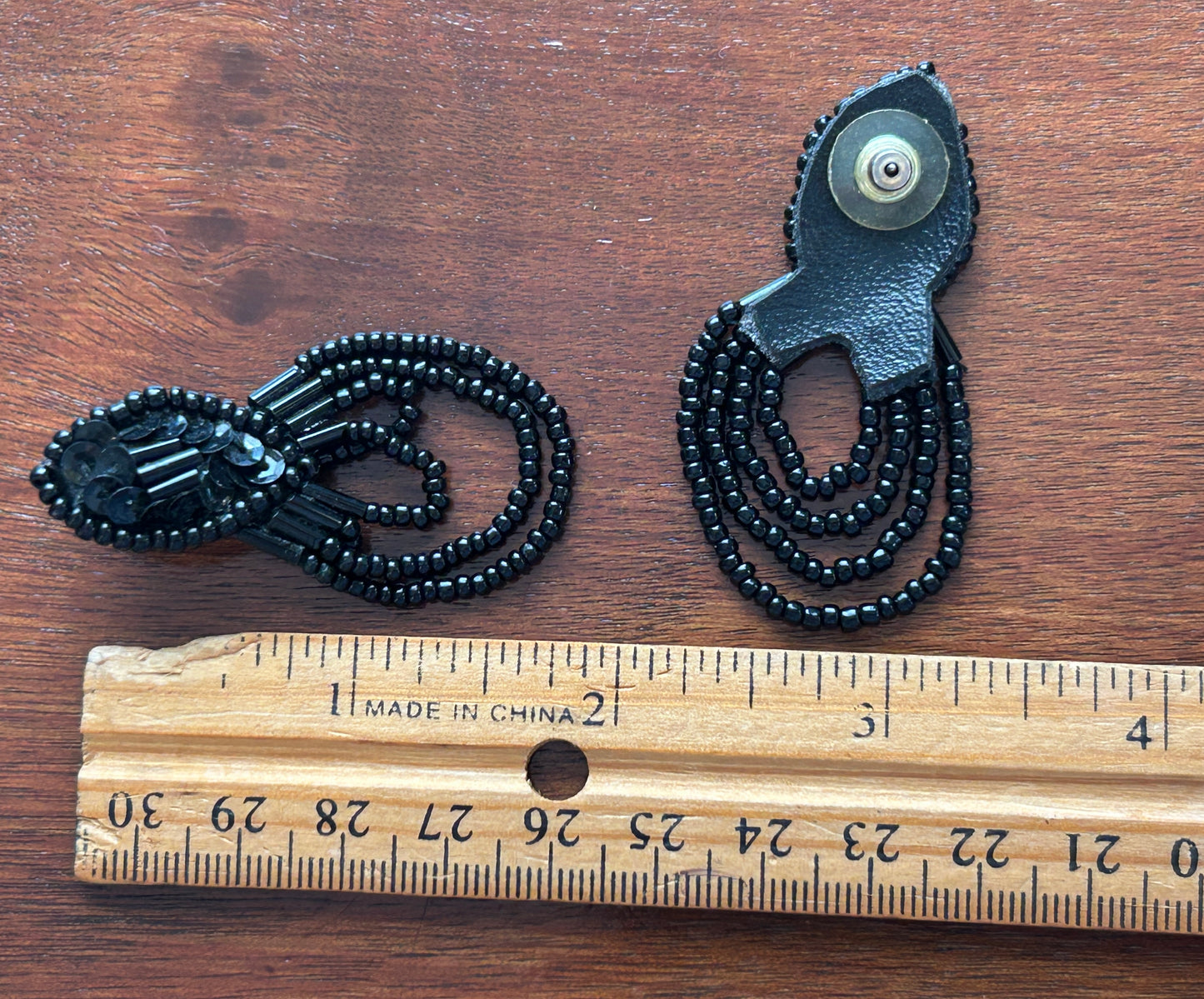 Vintage Black Hand Beaded Pierced Earrings