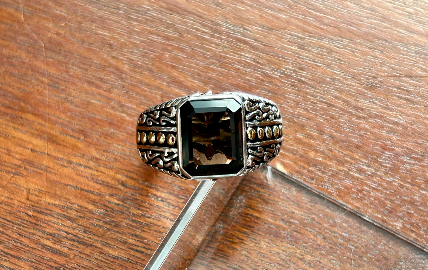 Signed Effy Sterling Silver 925 18k Yellow Gold Smoky Emerald Cut Quartz Ring