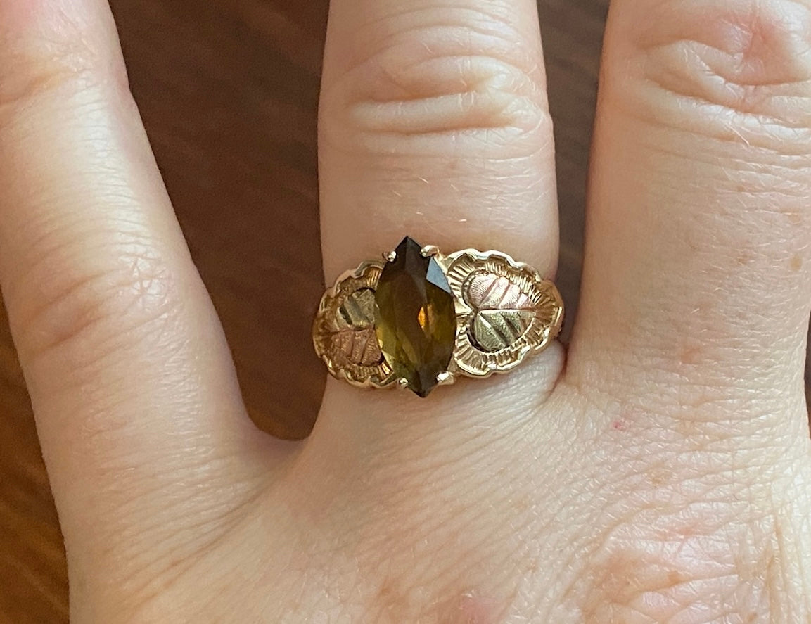 Black Hills Gold 10k Yellow Gold Tritone Whiskey Quartz Ring Sz 8