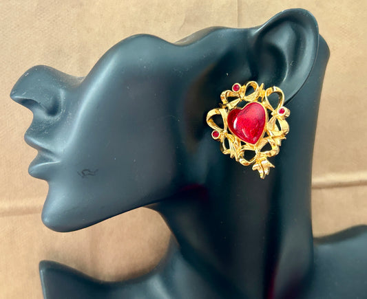 Vintage Avon Gold Tone Red Enamel Rhinestone Large Heart Shaped Pierced Earrings