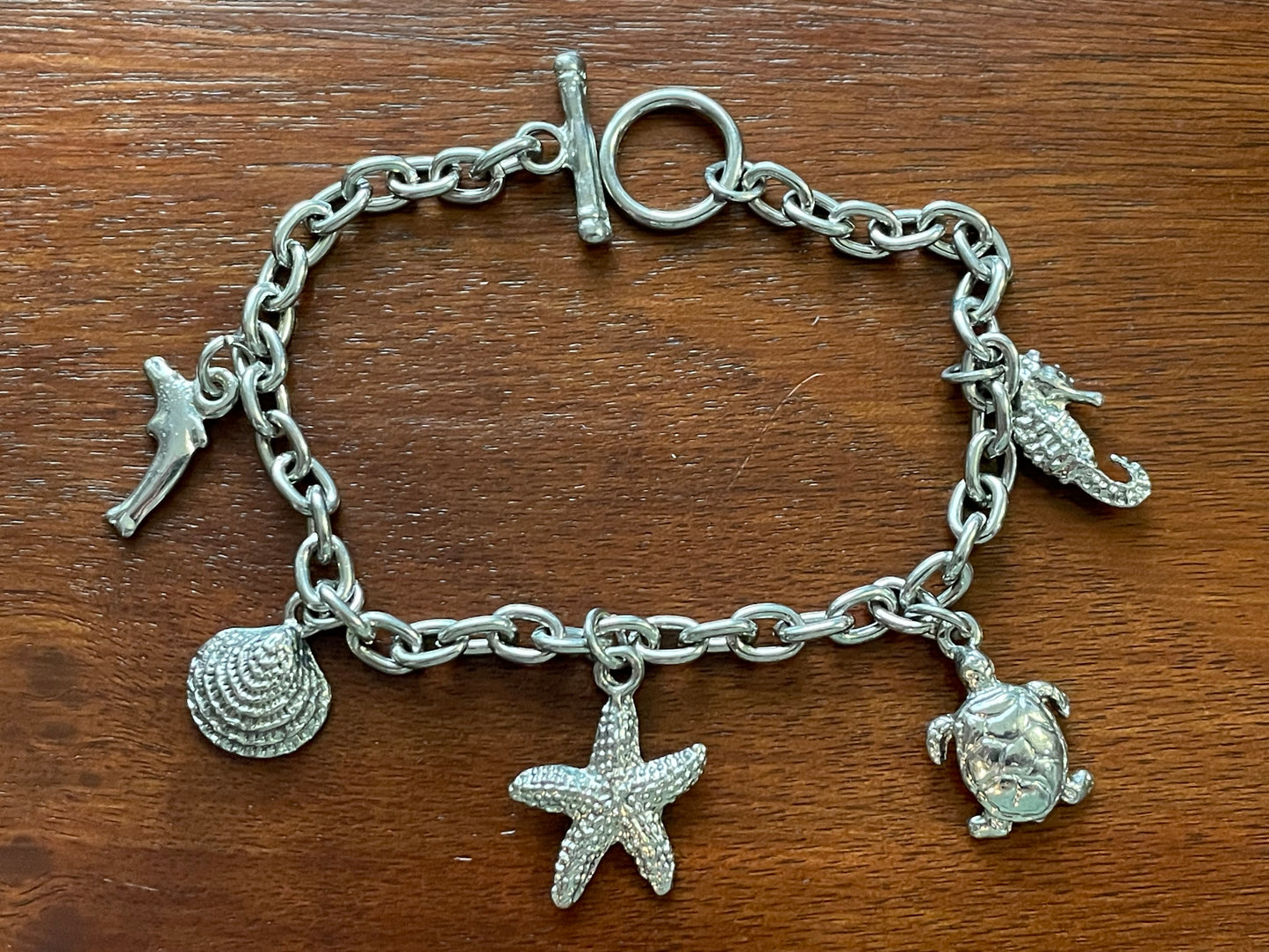 Vintage Silver Tone Charm Bracelet Sea Turtles Starfish Shells