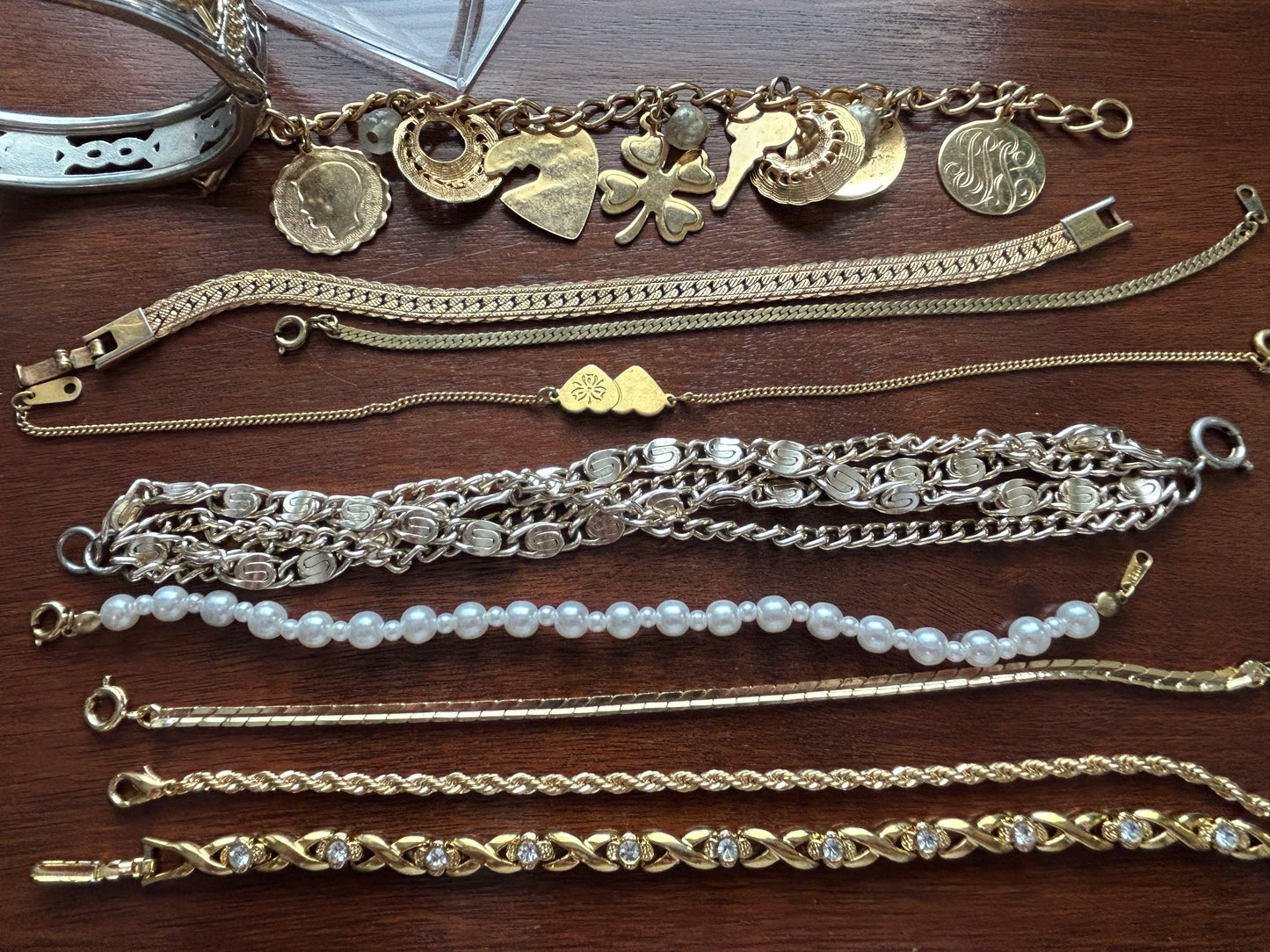 Lot of Vintage to Now Bracelets Gold Chains Charms Faux Pearl Tennis Rhinestones