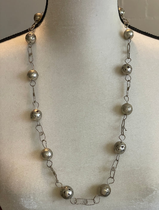 Vintage Long Silver Tone Chain & Ball Necklace Hook Style Clasp