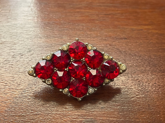 Vintage Silver Tone & Red Faceted Rhinestone Brooch Lapel Pin