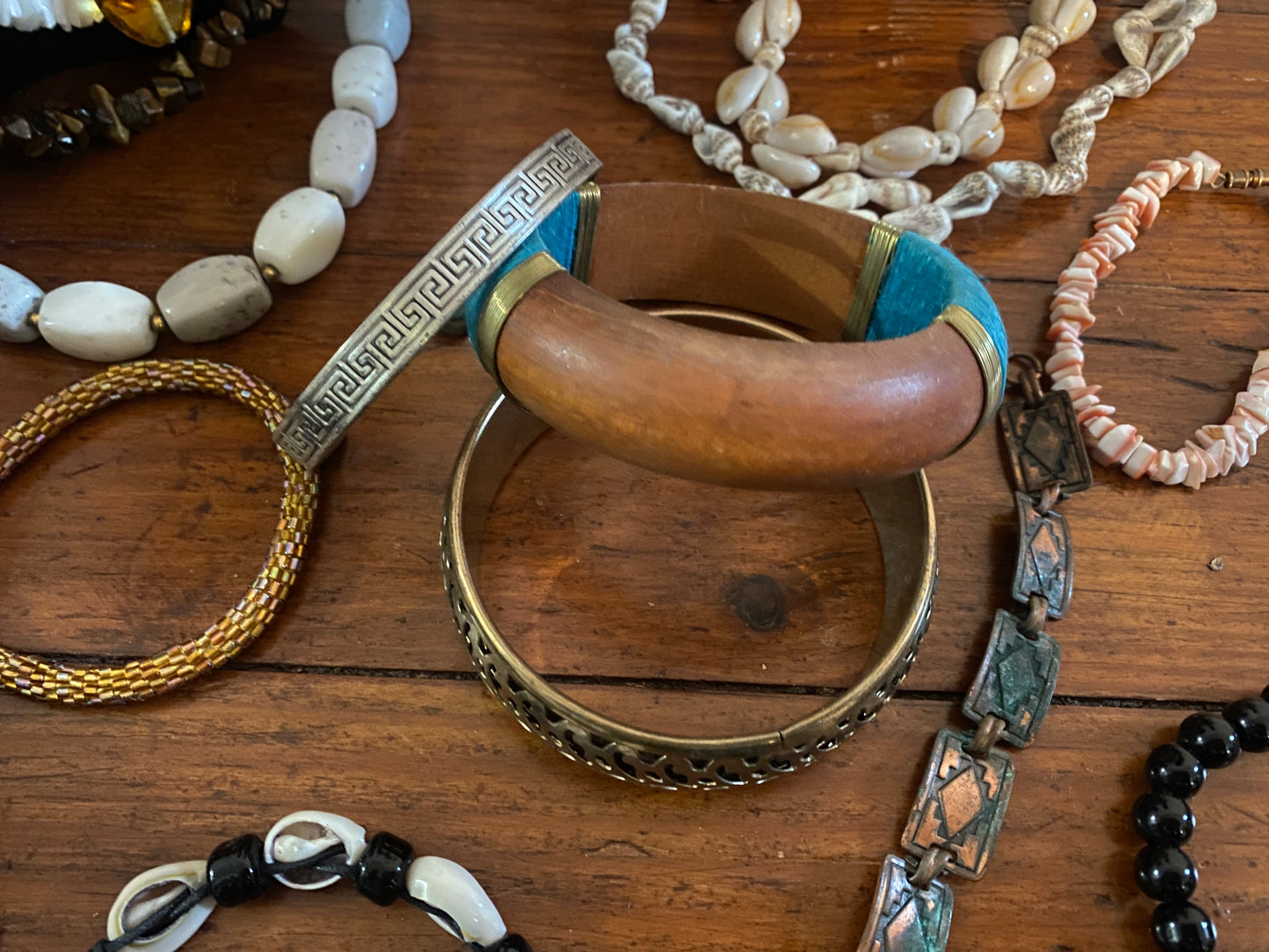 Vintage to Now Jewelry Lot Wood Brass Shell Earth Tones Copper