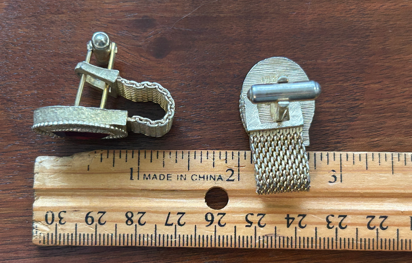 Vintage Swank Gold Tone Marquise Red Rhinestone Mesh Cufflinks