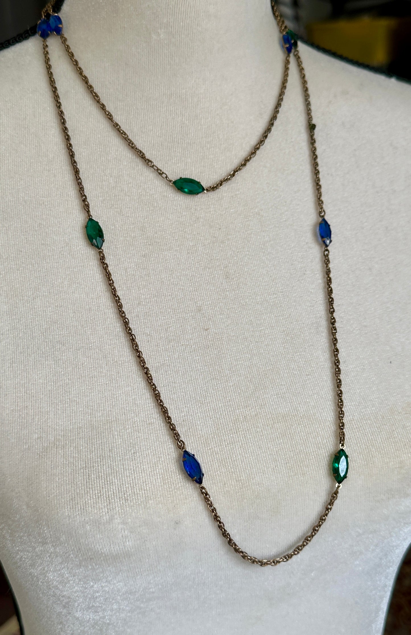 Vintage Gold Tone Chain Diamond Shaped Open Bezel Green Blue Glass Necklace